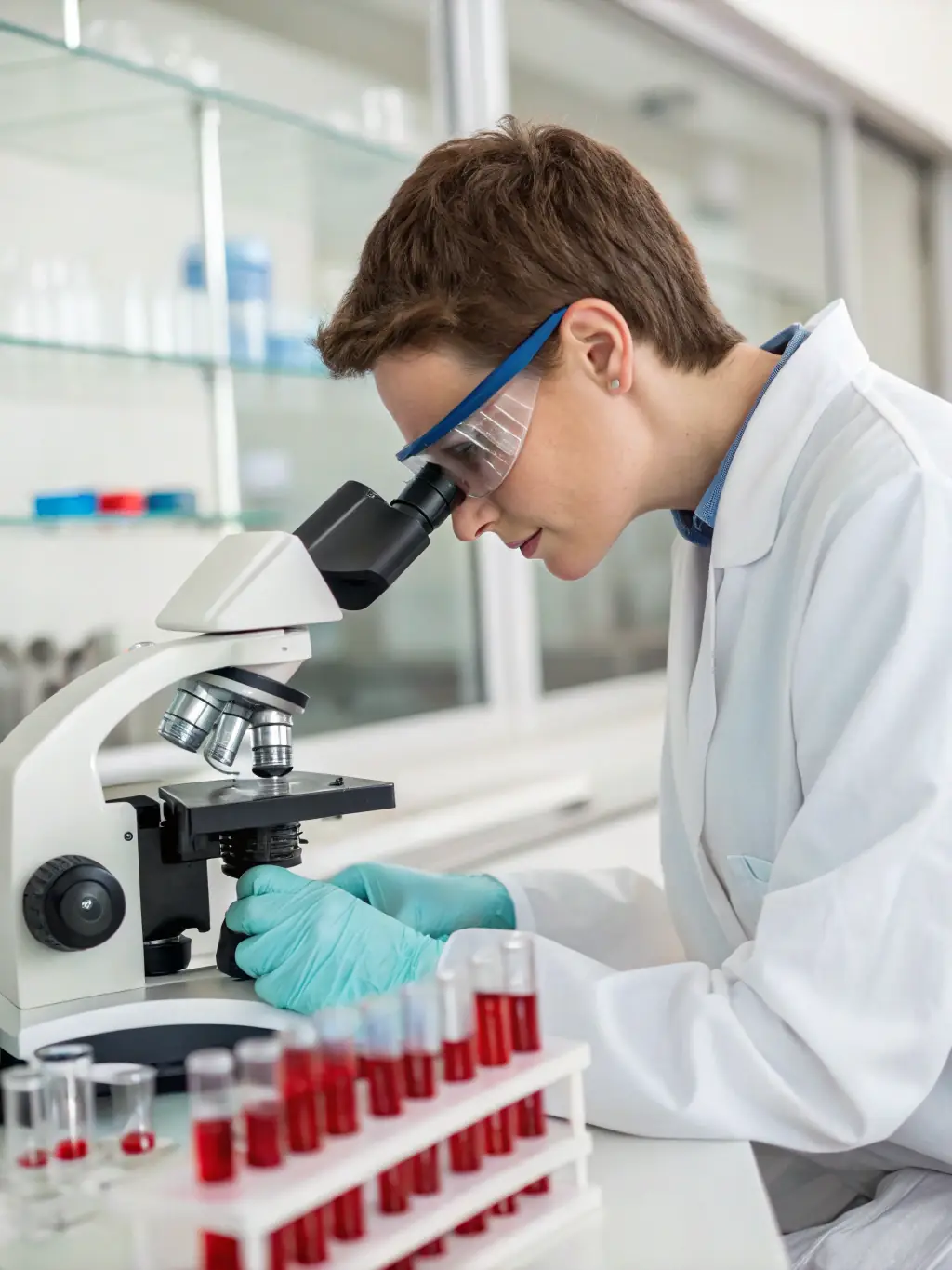 A technician using a high-resolution microscope to analyze a wound sample in the Lonestar Med Lab, emphasizing the lab's commitment to detailed analysis.