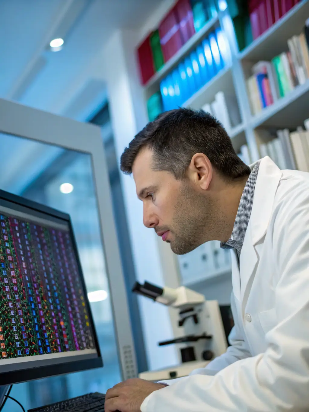 A lab technician carefully analyzing genetic data on a computer screen, showcasing the expertise and precision involved in Lonestar Med Lab's genetic testing services.
