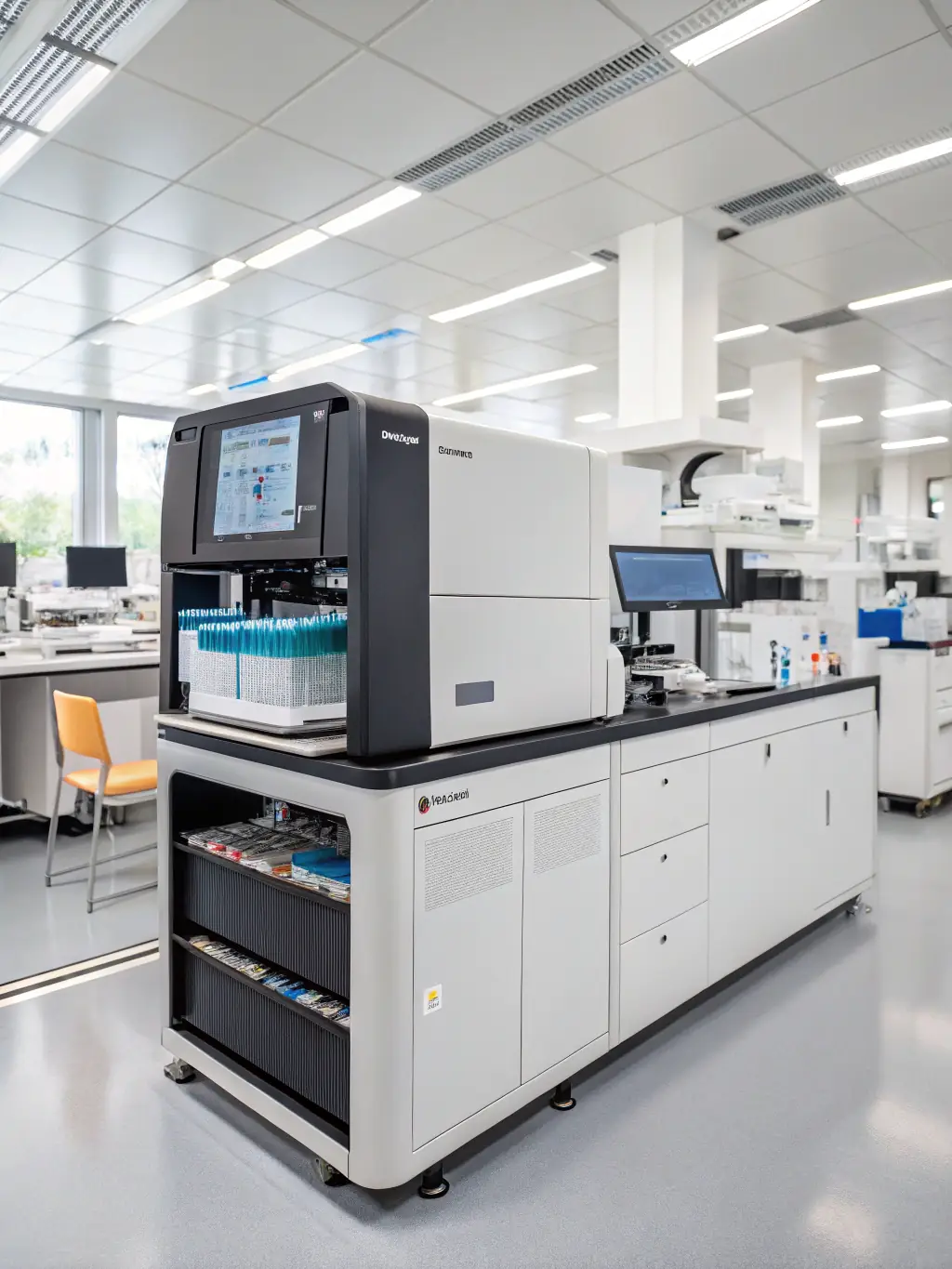 A DNA sequencing machine processing samples, highlighting the cutting-edge technology used in Lonestar Med Lab's genetic testing services.