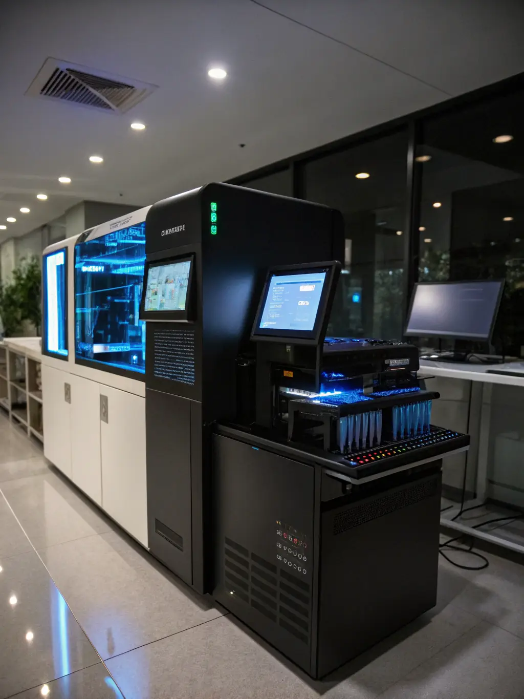 A close-up shot of a state-of-the-art PCR machine in the Lonestar Med Lab, highlighting its advanced technology and precision.