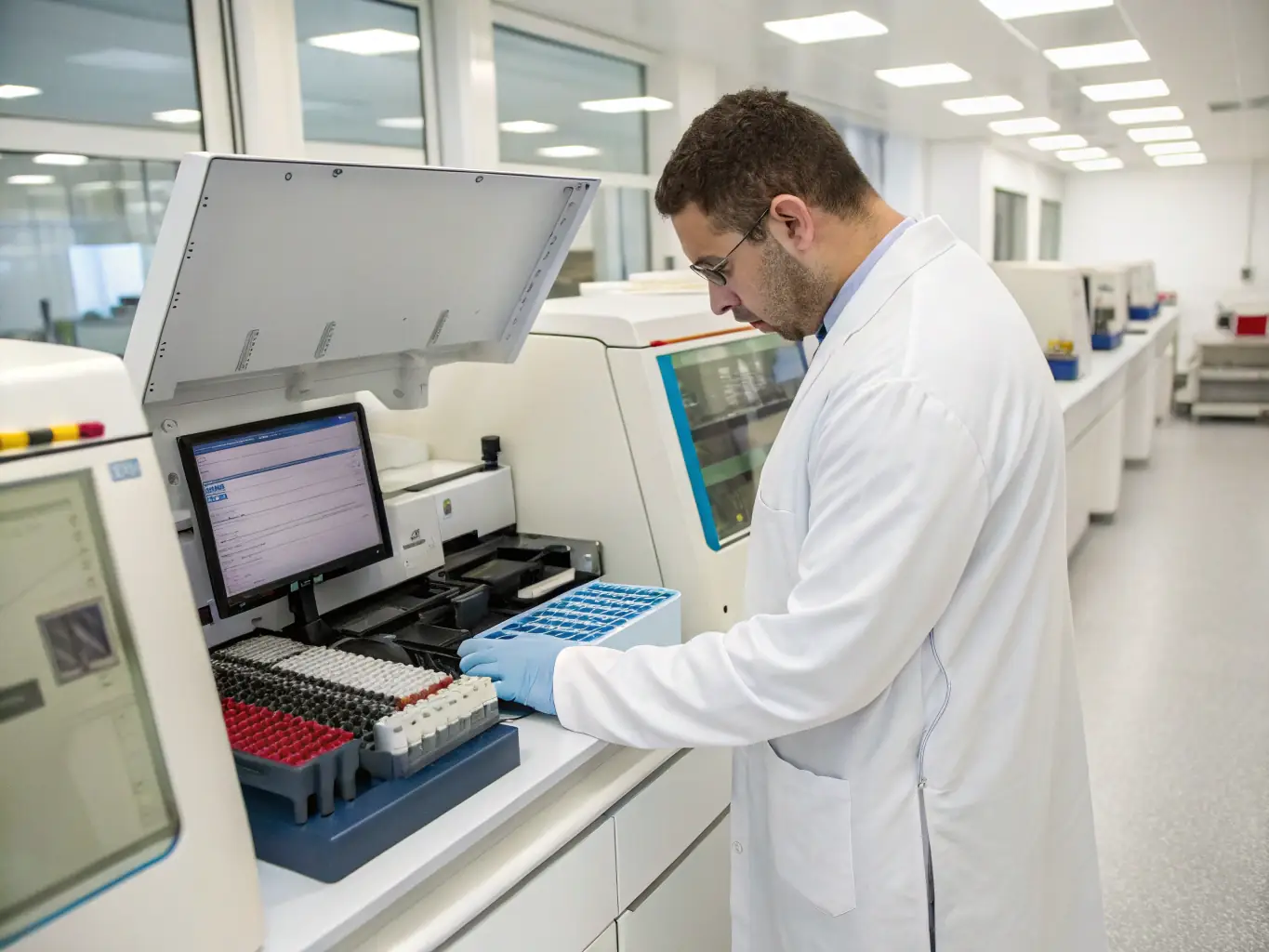 A technician operating a genetic testing machine in a clean and modern laboratory setting at Lonestar Med Lab.
